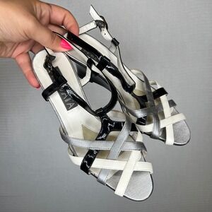 Prevata Italy Women's‎ 6.5 C Black Silver White Strappy Wedge Sandals